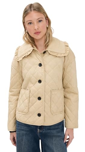 Avec Les Filles Women's Ruffled Collar Quilted Jacket, Sand, Tan